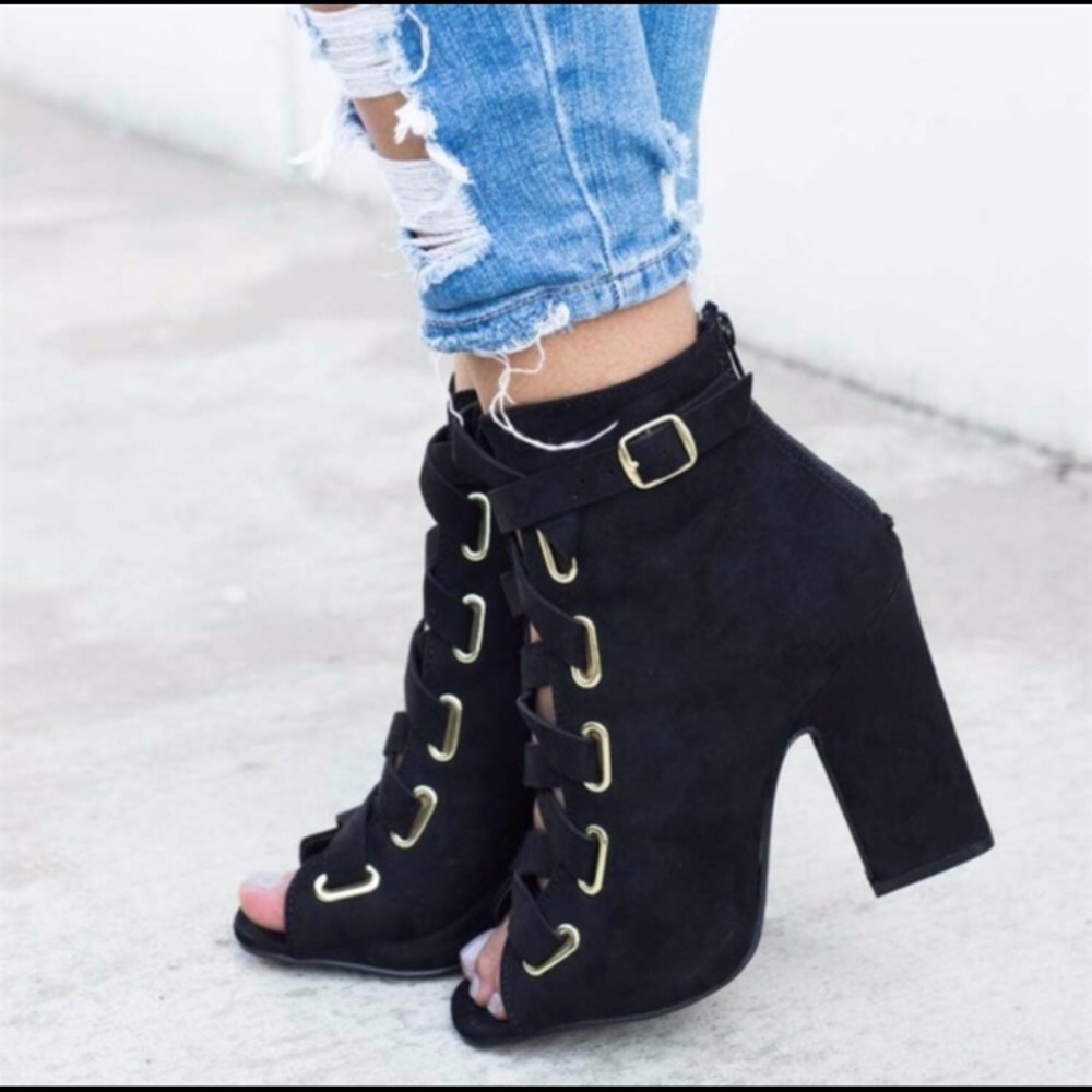 Suede Lace Up Open Toe Booties - Picture 2 of 4
